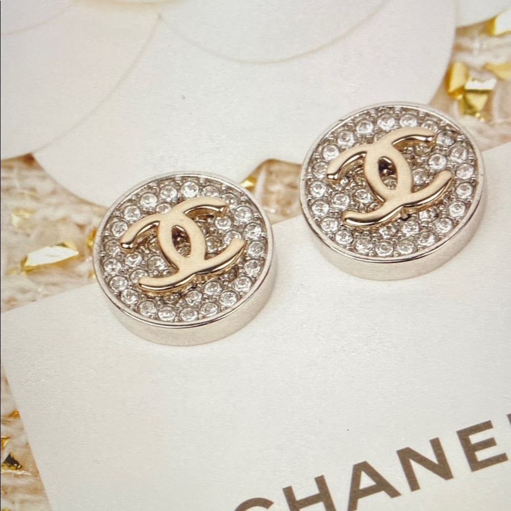 CHANEL Gold-Tone CC Crystal Round Stud Earrings